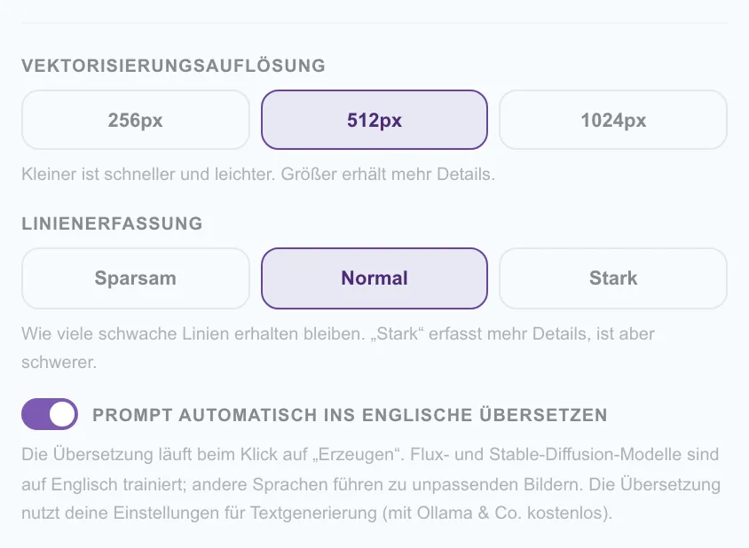 Abbildung 5.4: SVG-Konvertierungseinstellungen (Auflösung und Linienerkennungsgenauigkeit)