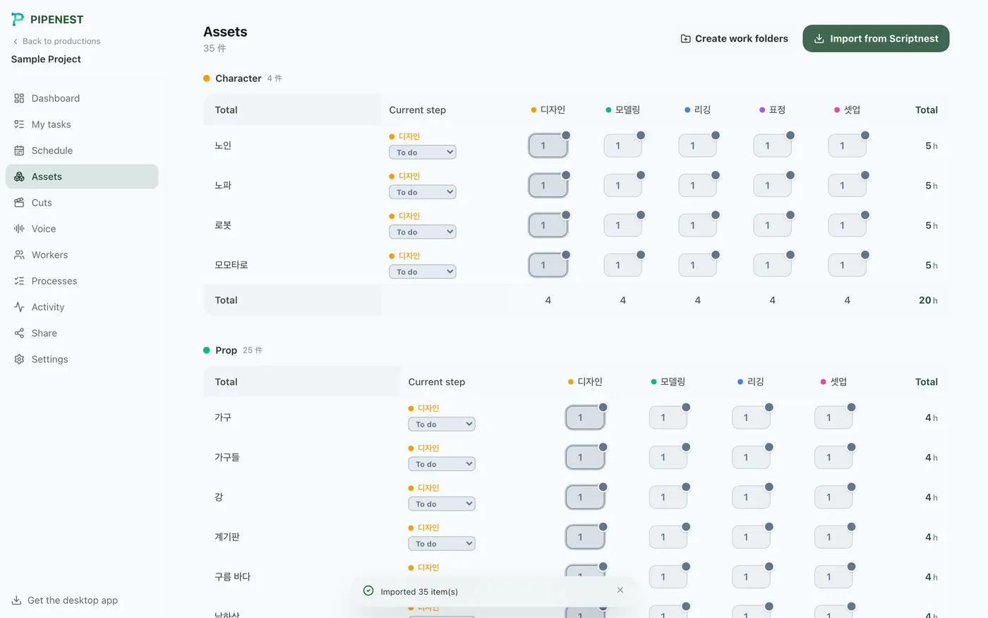 Figure 4.2: Scriptnest assets imported with man-hours applied