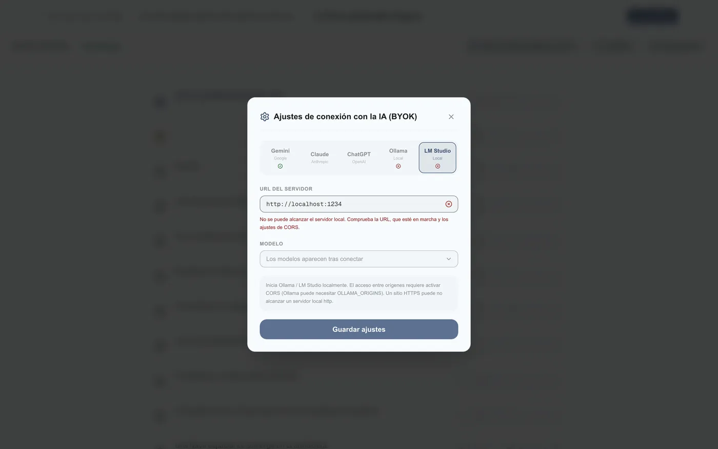 Figura 2.10: Configuración de diversos modelos LLM conectables