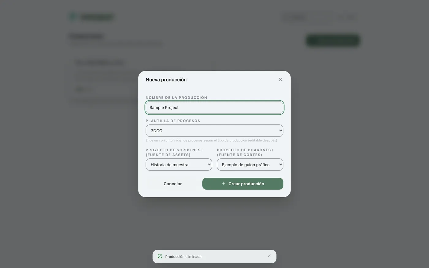 Figura 1.2: Configuración del nombre, la plantilla de procesos y los proyectos vinculados