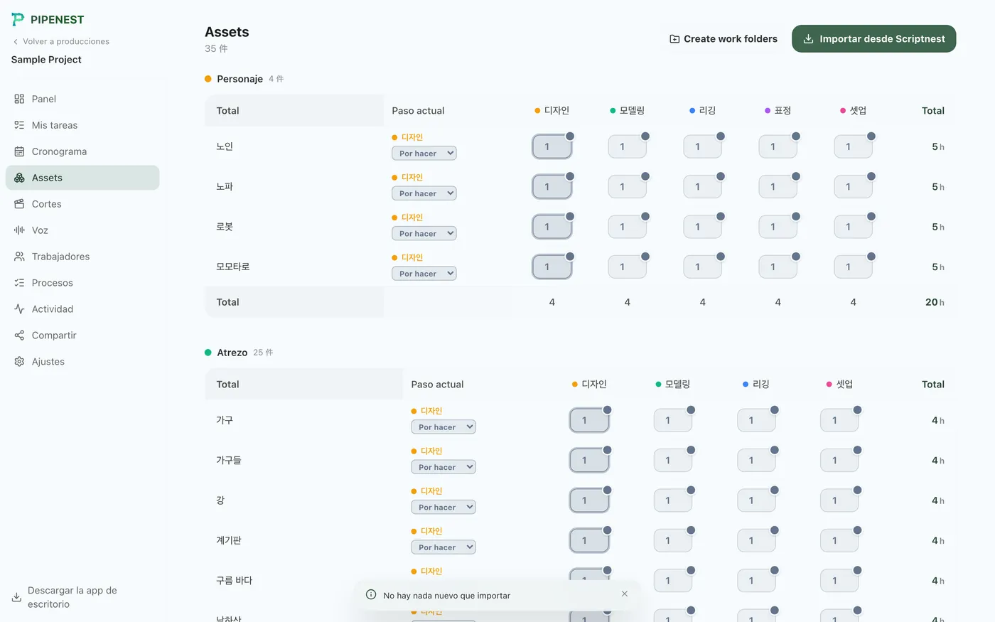 Figura 4.2: Activos de Scriptnest importados con las horas aplicadas