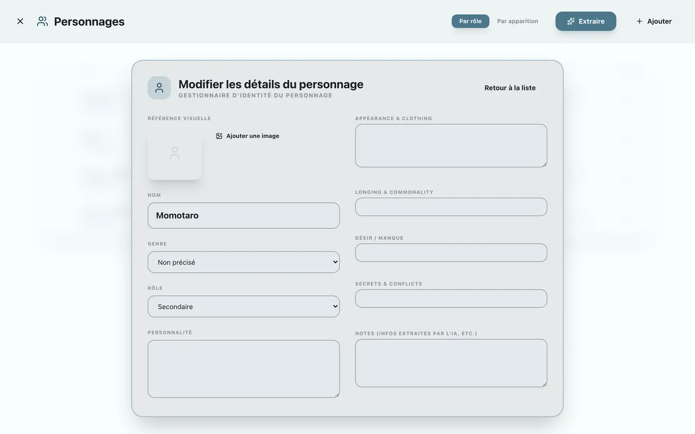 Figure 3.5 : Édition des détails d'un personnage