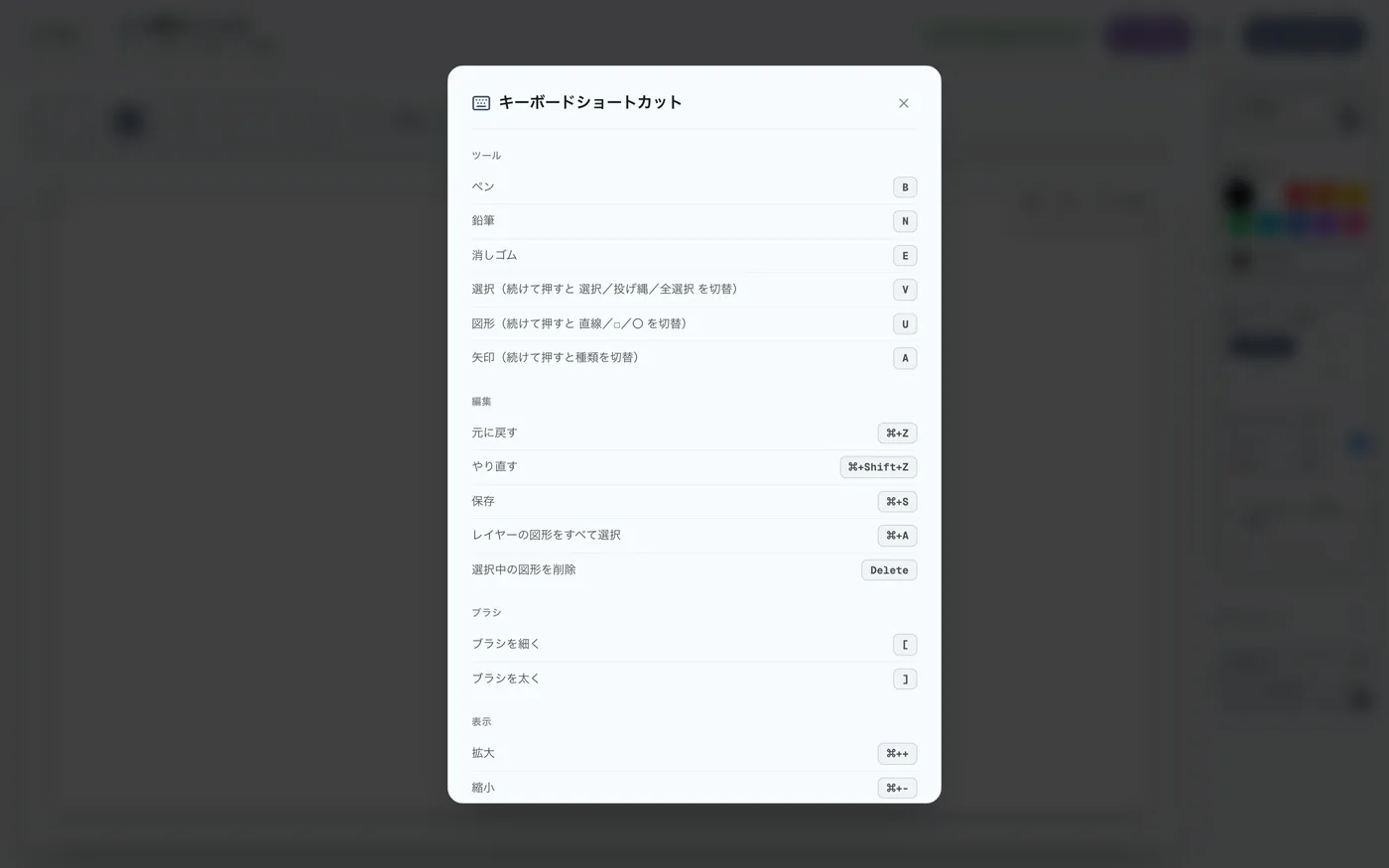図 4.16：ショートカットキー参照画面