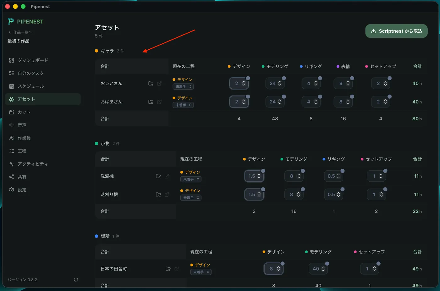 取り込まれたアセットと工数