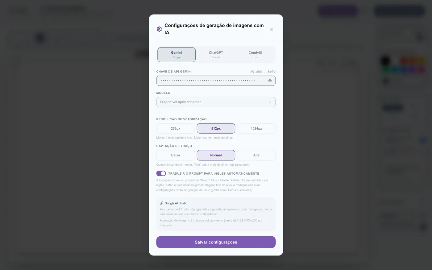 Figura 5.2: Conexão de API (Gemini / ChatGPT / ComfyUI etc.)