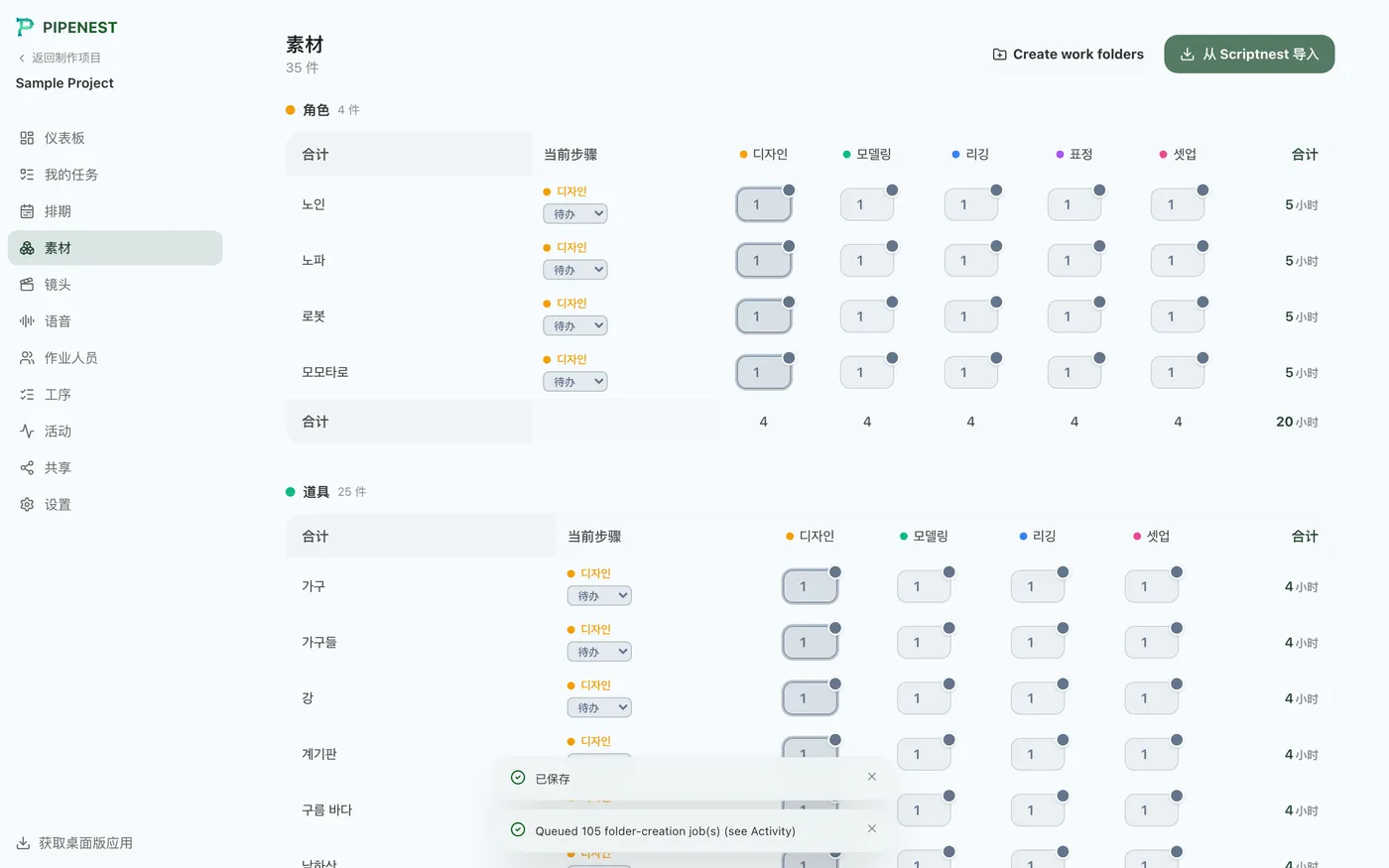 图 6.3：按角色、小物、场景分别创建工作文件夹